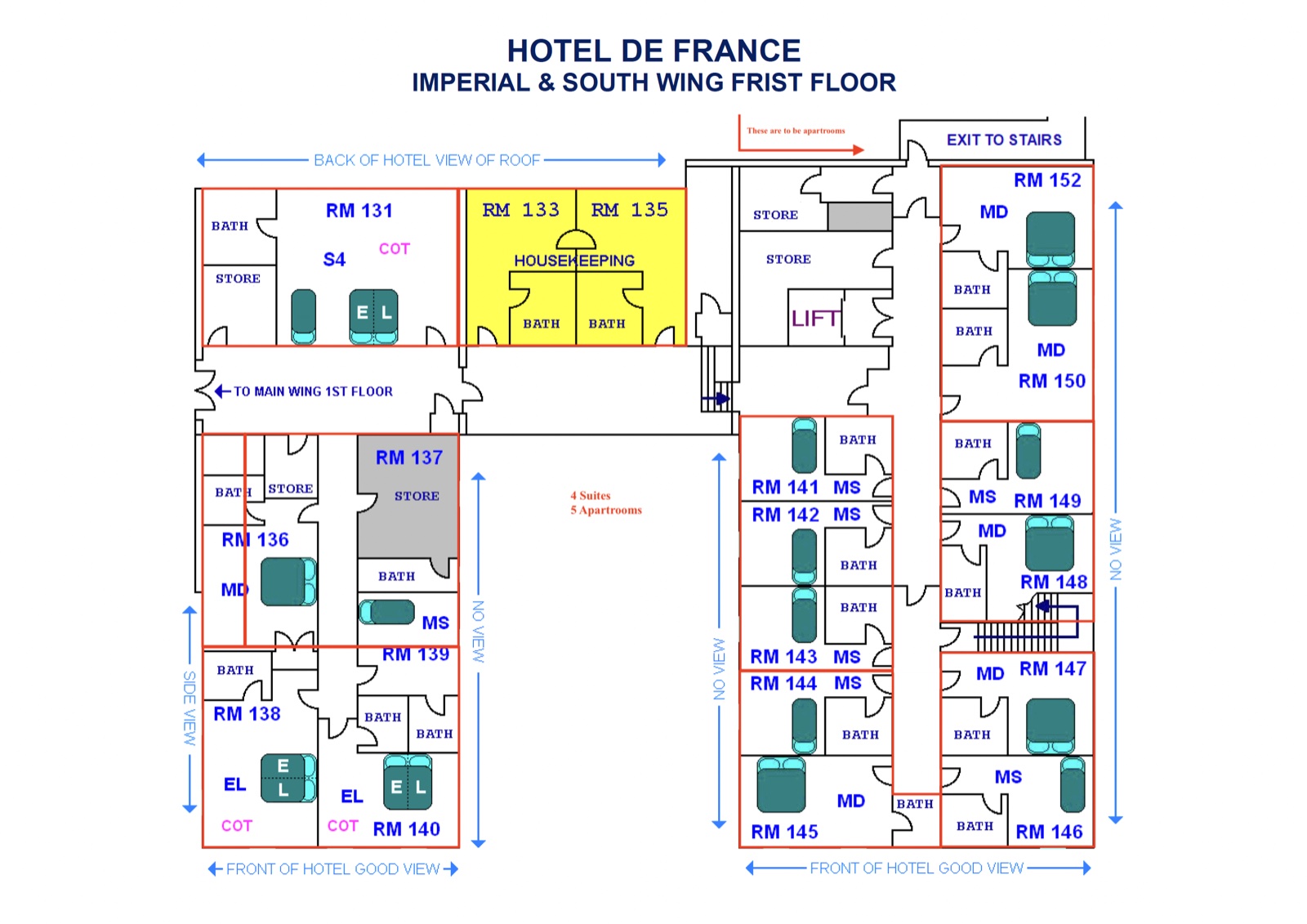 Hotel de France · Imperial and South Wing First Floor · illustrative existing-layout floor plan