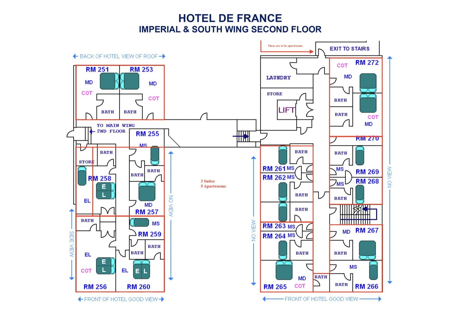 Hotel de France · Imperial and South Wing Second Floor · illustrative existing-layout floor plan