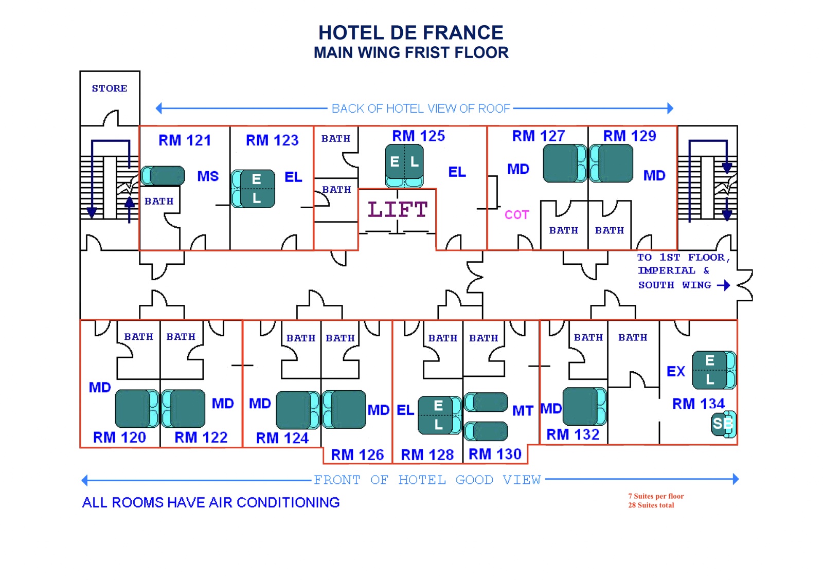 Hotel de France · Main Wing First Floor · illustrative existing-layout floor plan showing rooms 120 through 134