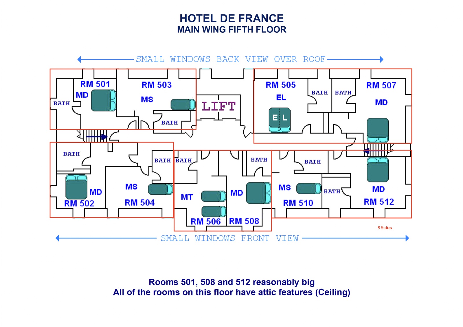 Hotel de France · Main Wing Fifth Floor · illustrative existing-layout floor plan showing the attic-character rooms 501 through 512