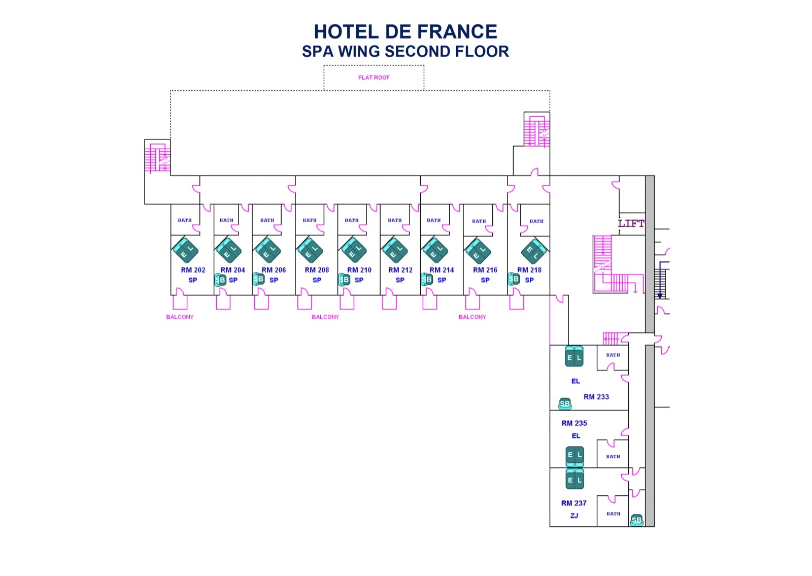Hotel de France · Spa Wing Second Floor · illustrative existing-layout floor plan showing the compact spa row and adjacent large suites