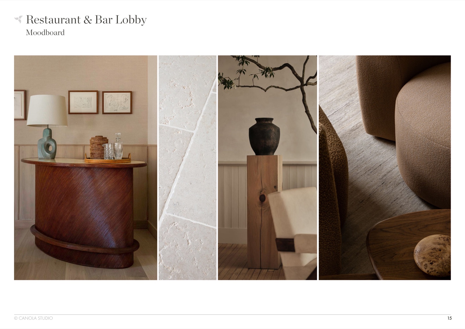 Restaurant and Bar Lobby moodboard — rattan console, limestone floor, sculptural vase on plinth, boucle seating