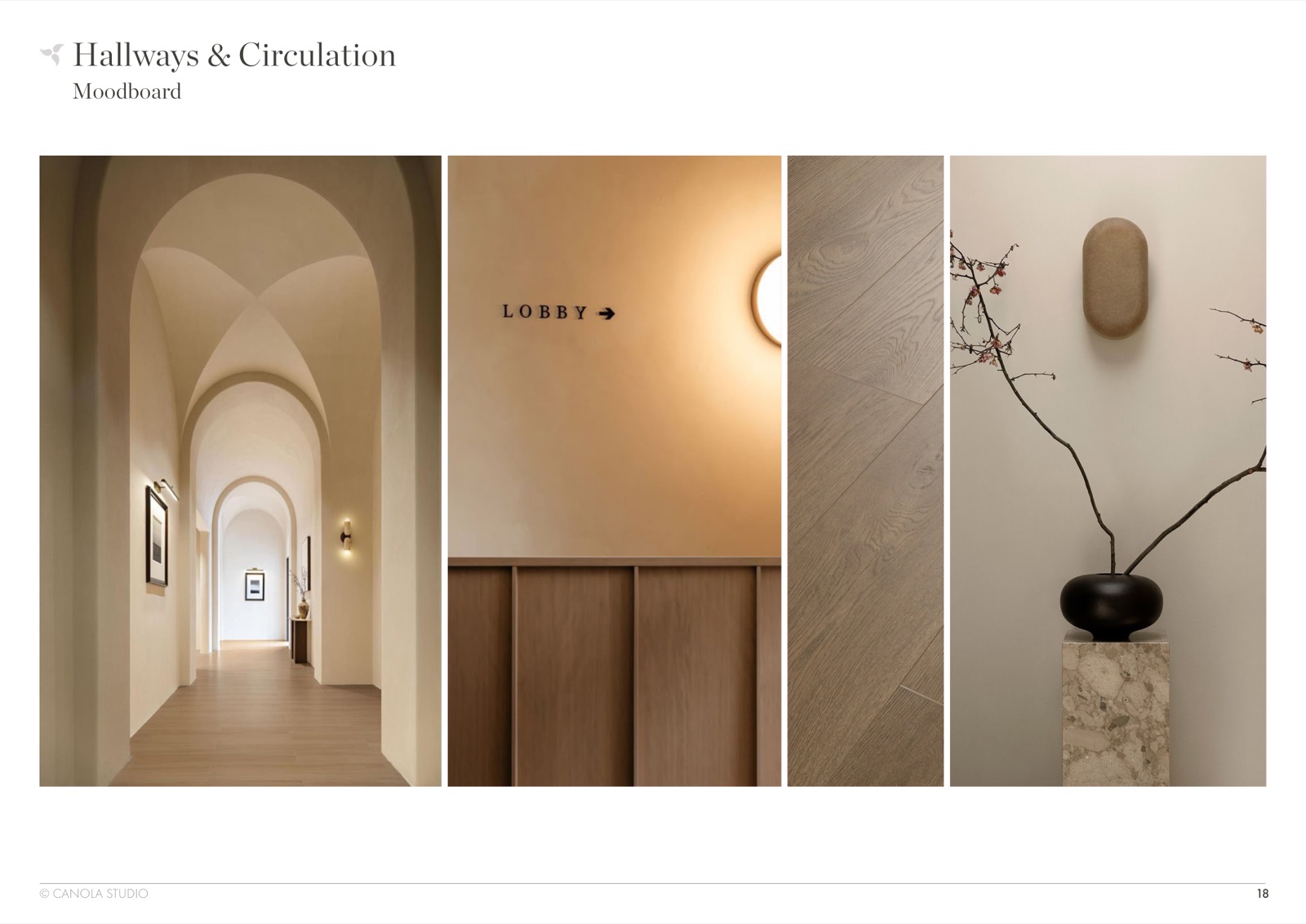 Hallways and Circulation moodboard — arched vaulted corridor, minimal wayfinding, wide-plank oak, sculptural still life