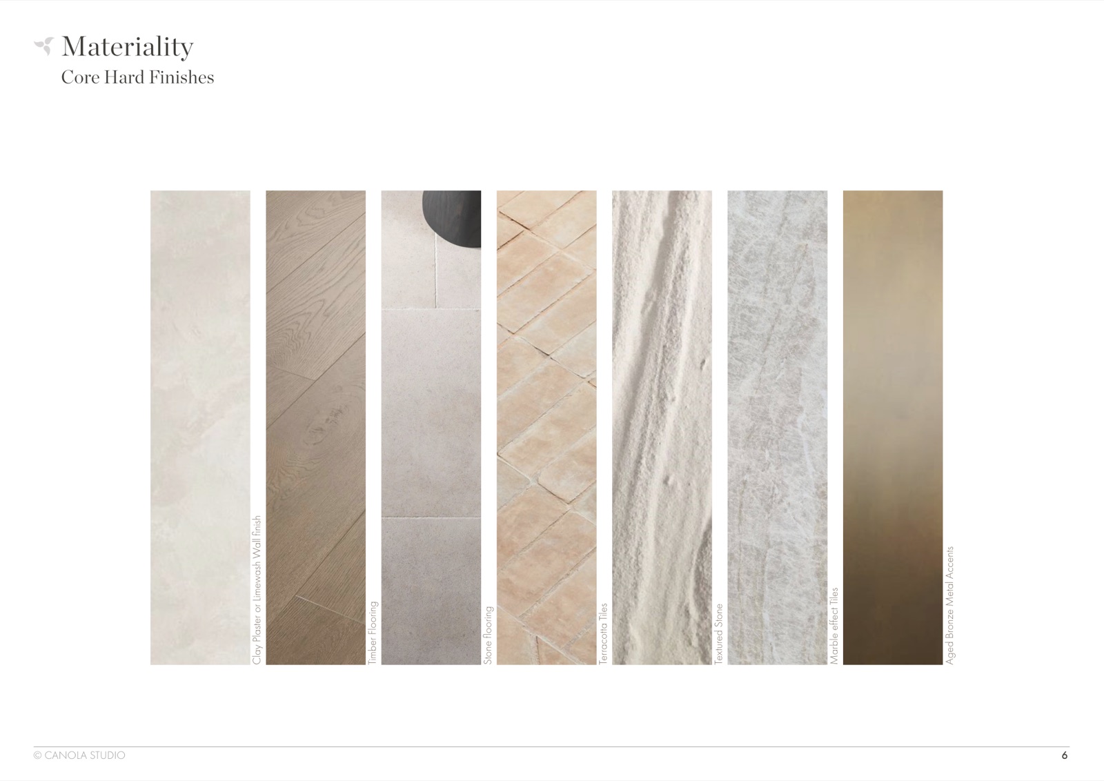 Materiality core hard finishes — clay plaster, timber, stone, terracotta, marble, aged bronze
