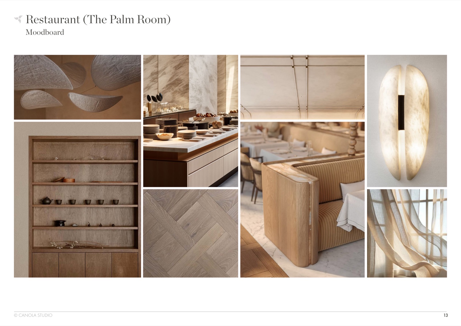 Palm Room moodboard — sculptural pendant, timber shelving, banquette seating, alabaster wall light