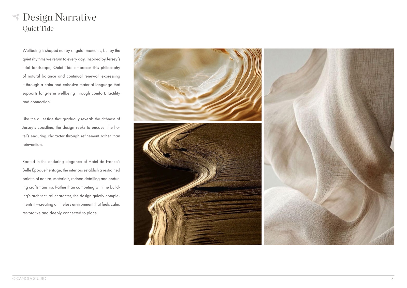 Design narrative moodboard — Quiet Tide — ripples on water, sand ridges, linen folds