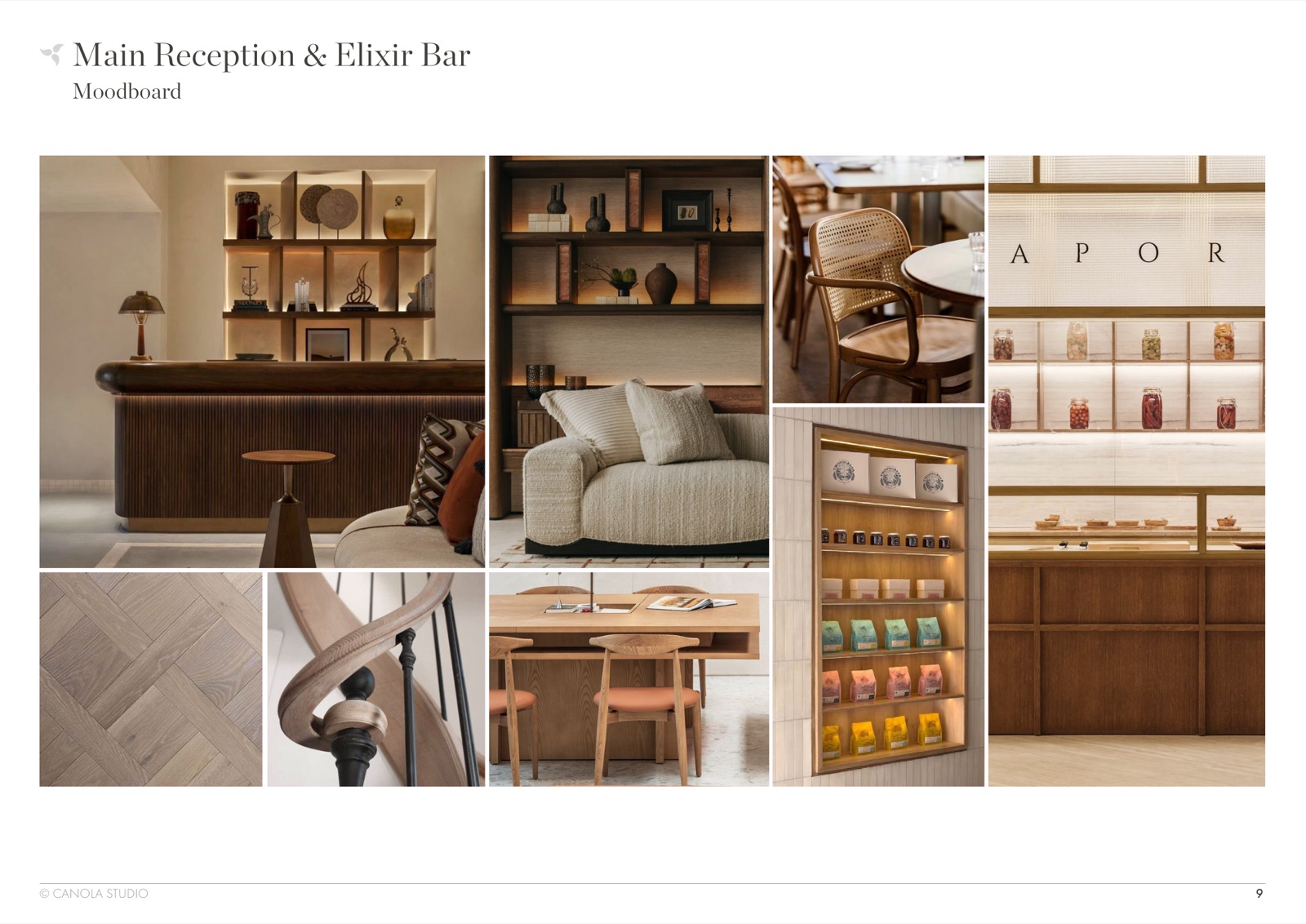 Main Reception and Elixir Bar moodboard — reeded timber desk, warm shelving, herbal apothecary