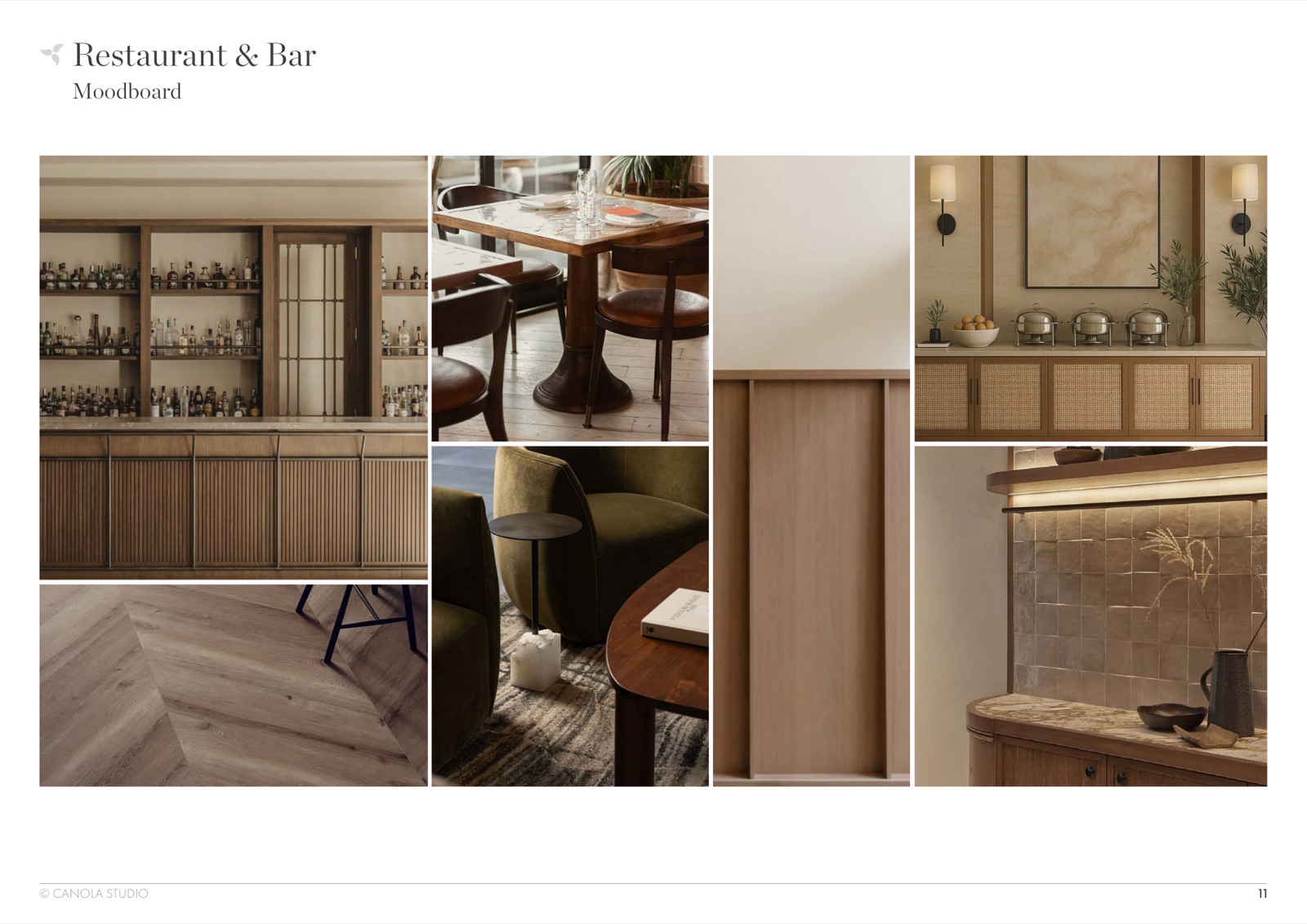 Ahara Restaurant and Bar moodboard — reeded bar front, cane cabinetry, olive velvet accents, glazed tile
