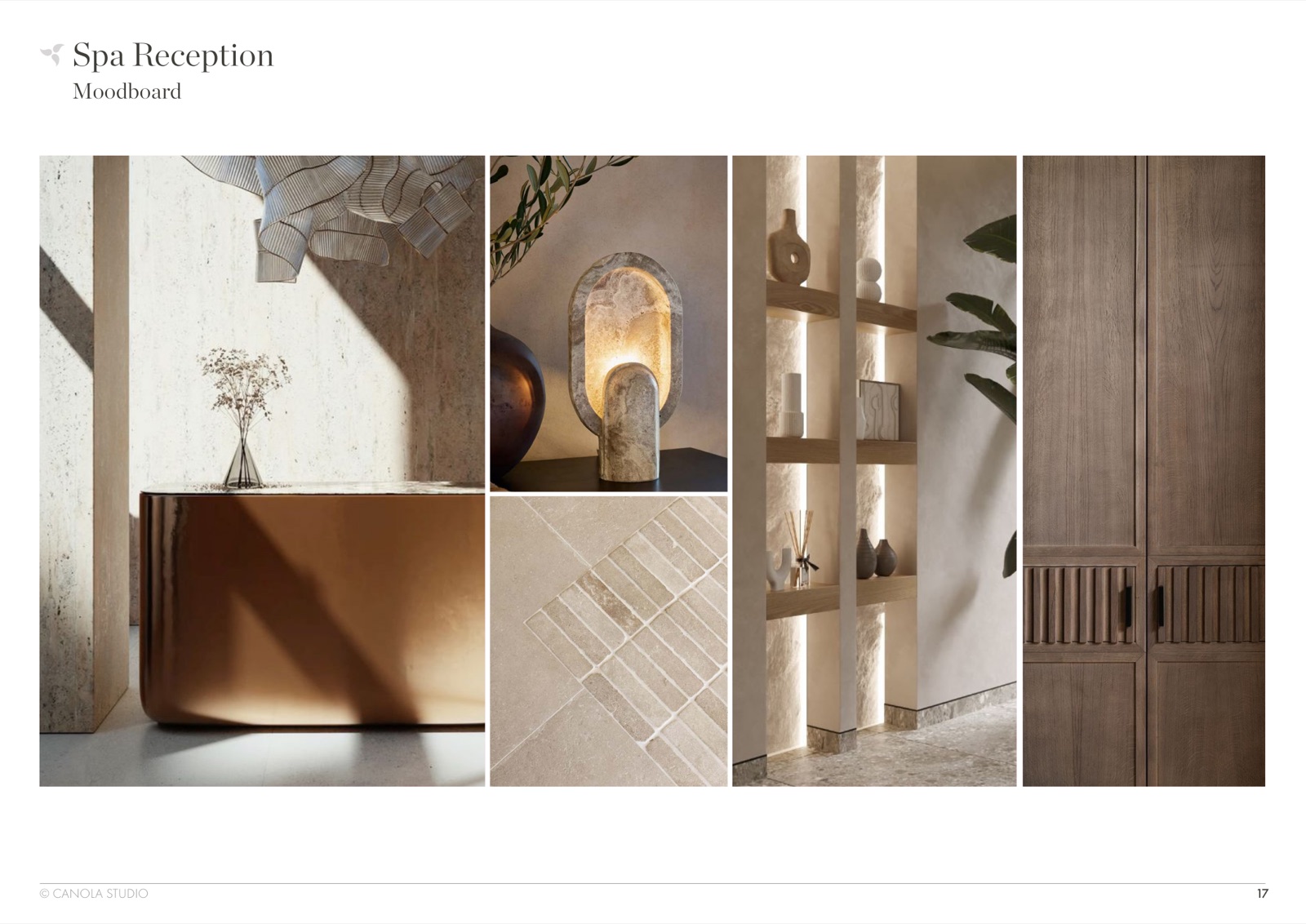 Spa Reception moodboard — polished bronze desk, travertine wall lamp, plaster niche shelving, fluted timber doors